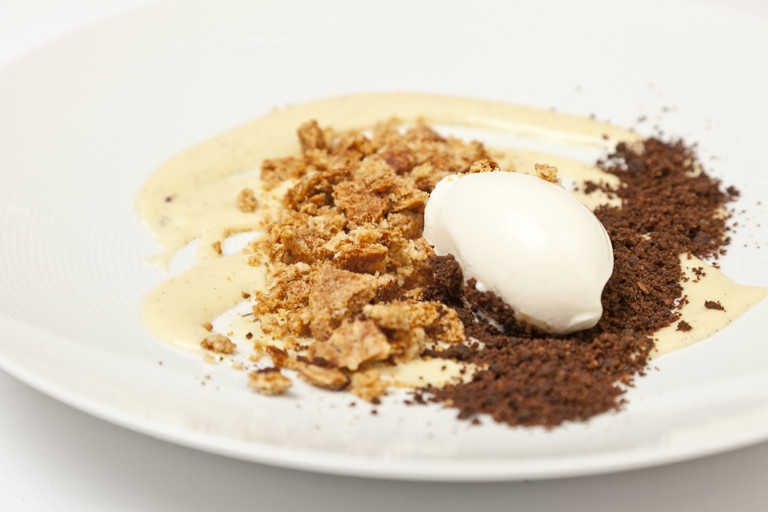 Millet porridge, oat crumble and milk ice cream