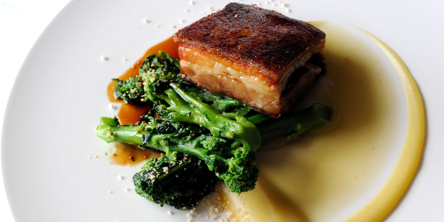 Pork belly with apple purée and sprouting broccoli