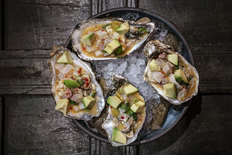 Cured sea bream and oyster chaat 