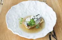 'Pop' – marinated mackerel with potato cream and leek and katsuobushi broth