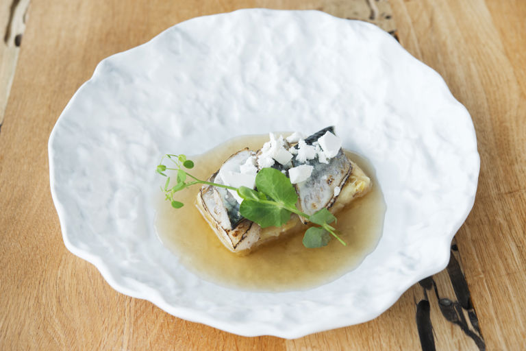 'Pop' – marinated mackerel with potato cream and leek and katsuobushi broth