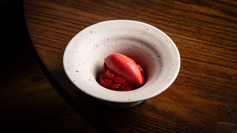 Strawberry rum baba with elderflower chantilly cream