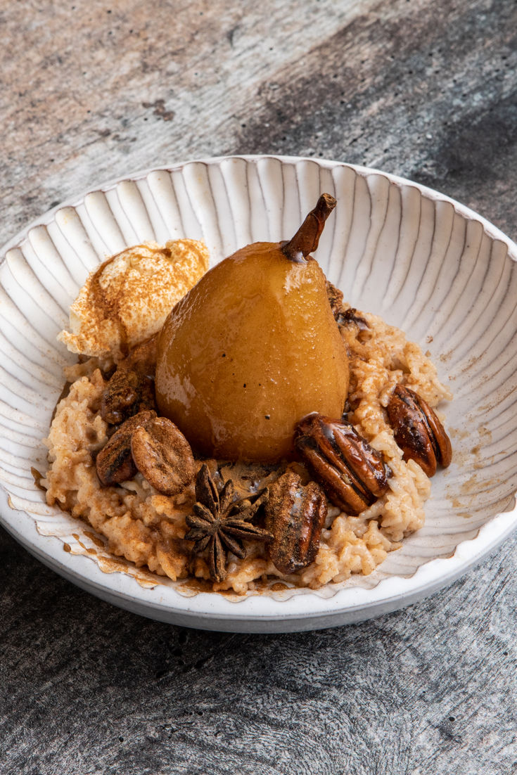 Rice Pudding With Rum Poached Pears, Cinnamon and Caramelised Pecans