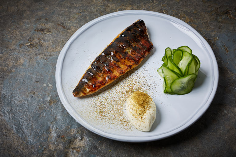Marmite-glazed mackerel with pickled cucumber, gherkin powder and crème fraîche