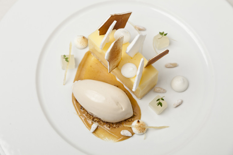 Lemon meringue pie with pine nut ice cream