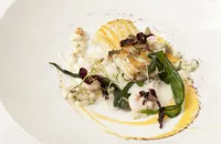 Skate with barley risotto, prawns and Sauternes sauce