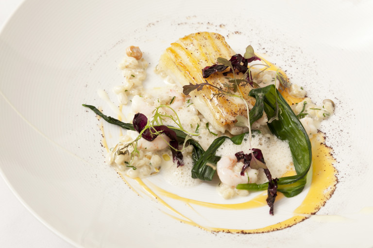 Skate with barley risotto, prawns and Sauternes sauce