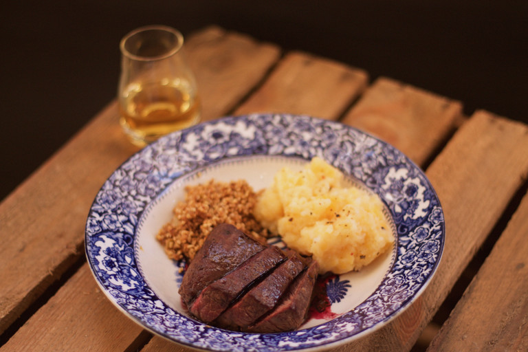 Pan-roasted loin of venison with redcurrant jelly