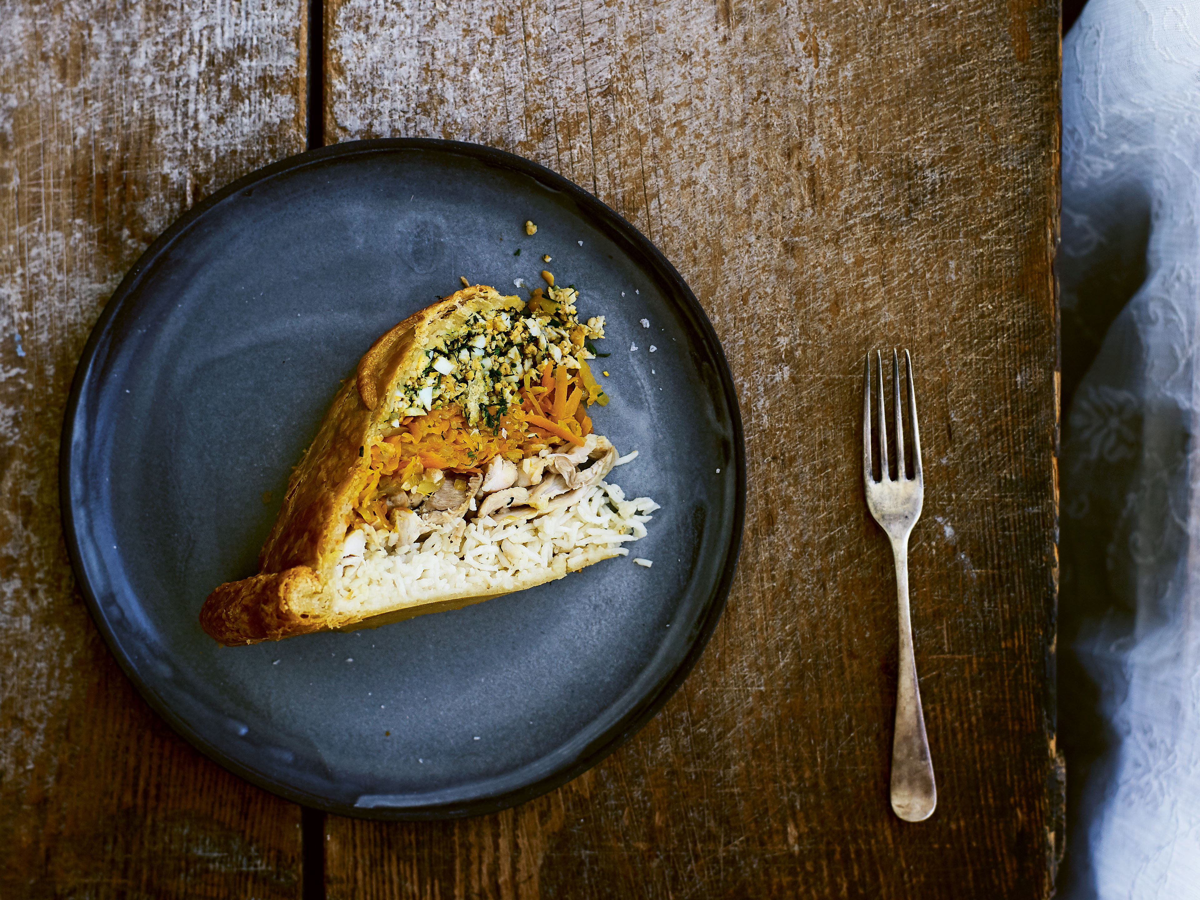 Traditional Russian pancakes pie - kurnik. Stock Photo