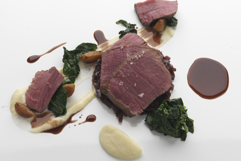 Fillet of beef, shallot marmalade, celeriac purée and essence of port