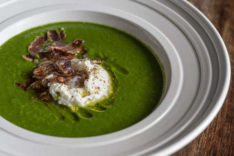 Nettle soup with poached egg and pancetta