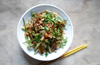 Cold cucumber and shirataki noodle salad with hot Sichuan sesame dressing