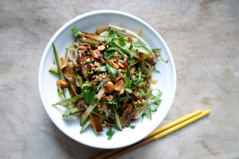 Cold cucumber and shirataki noodle salad with hot Sichuan sesame dressing