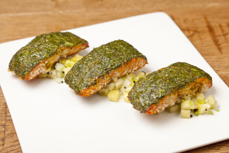 Herb-crusted baked Alaska salmon with fennel and pineapple kachumber