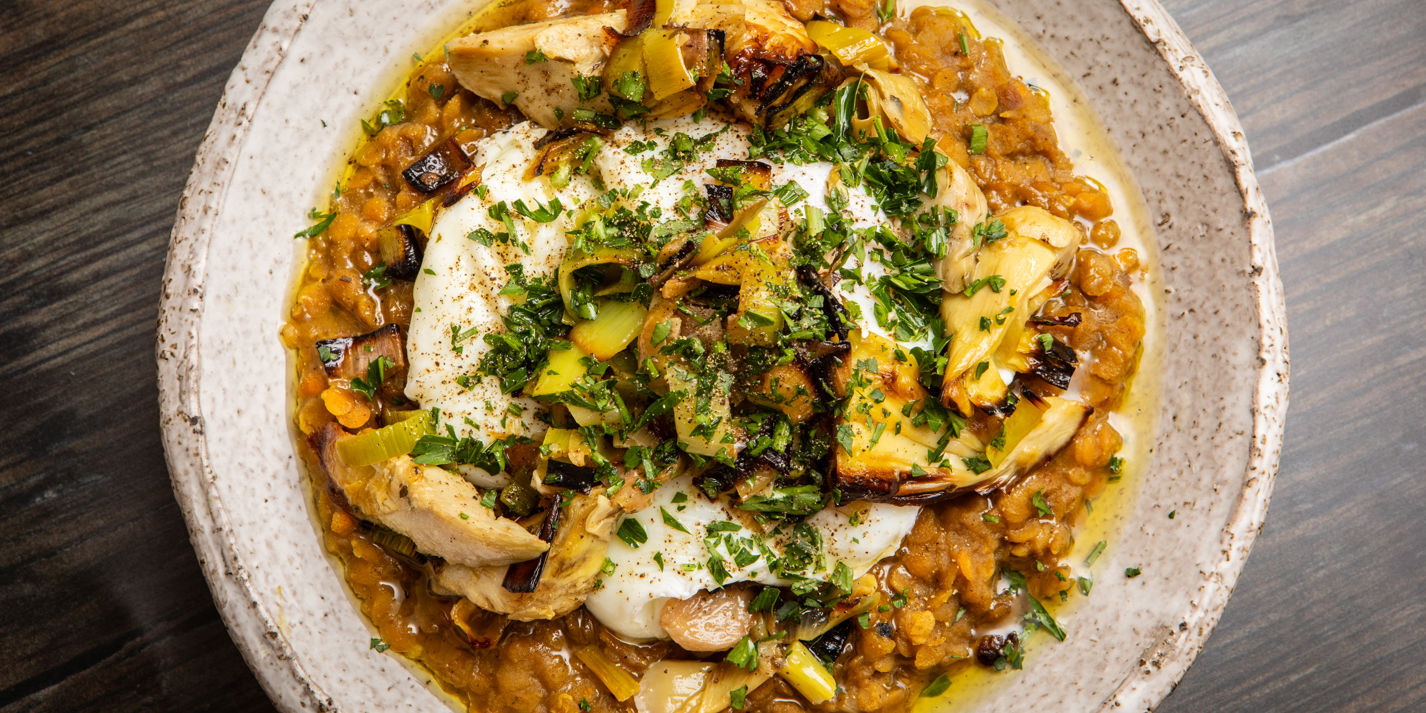 Dhal Poached Eggs with Leeks and Crispy Artichoke Heart Recipe - Great British Chefs