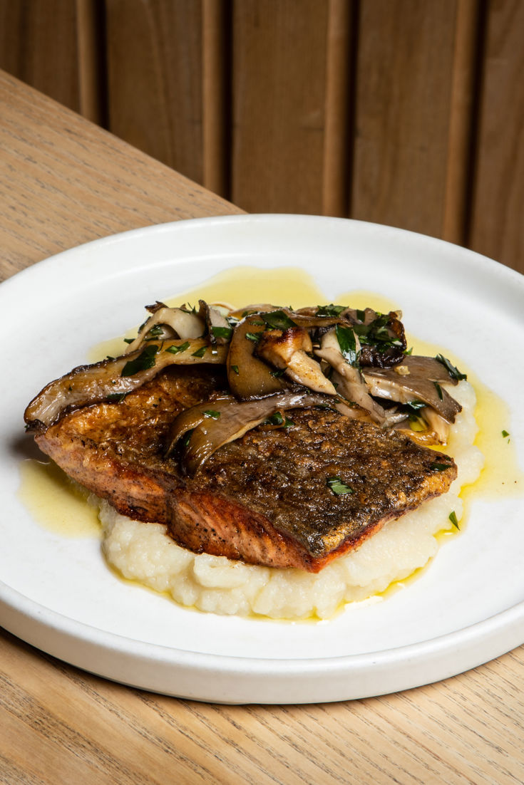 PanFried Salmon, Celeriac Purée, Mushrooms, Garlic and Tarragon Recipe Great British Chefs