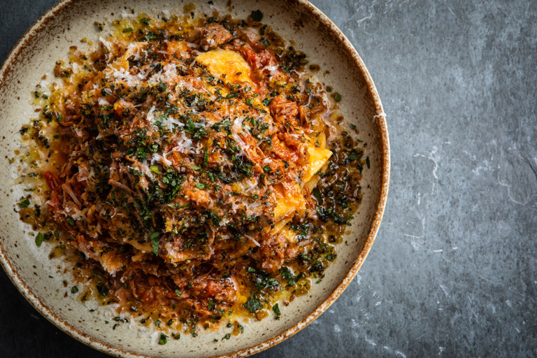 Braised lamb ragù with pappardelle and mint pangrattato