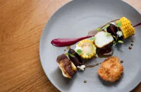 Vindaloo-spiced monkfish with sweetcorn and beetroot