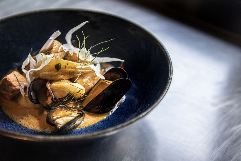 Bouillabaisse of turbot, salmon and mussels