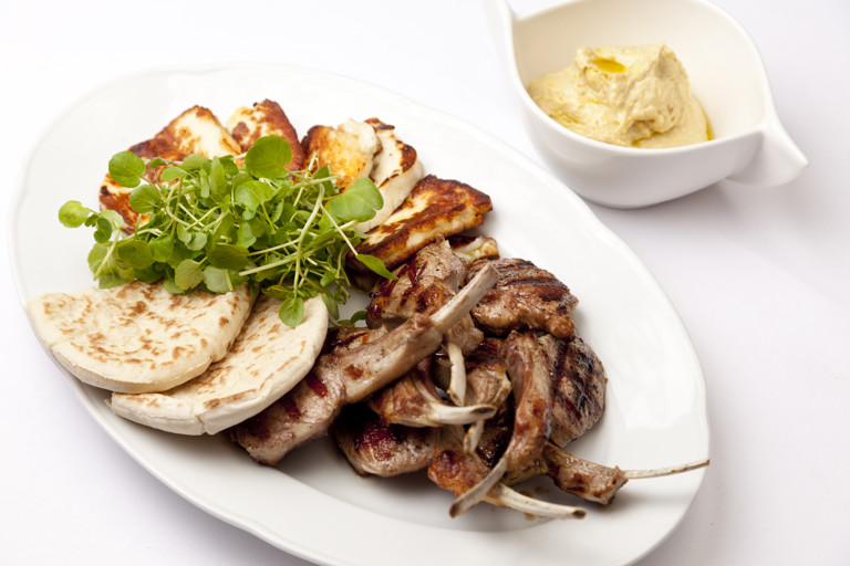 Grilled Welsh Lamb cutlets with hummus and halloumi