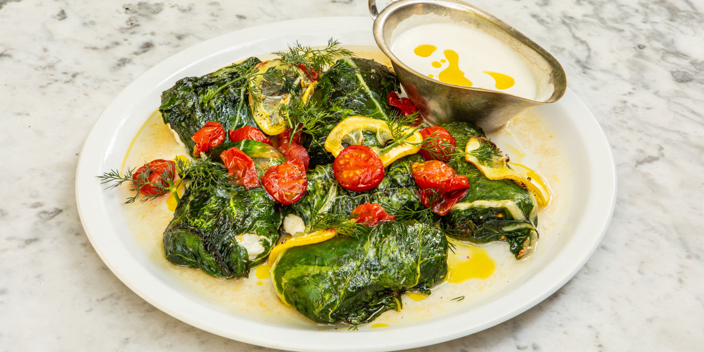 Baked Hake in Chard, Roasted Tomatoes, Caramelised Lemon, Garlic and Almond Sauce Recipe - Great British Chefs-image