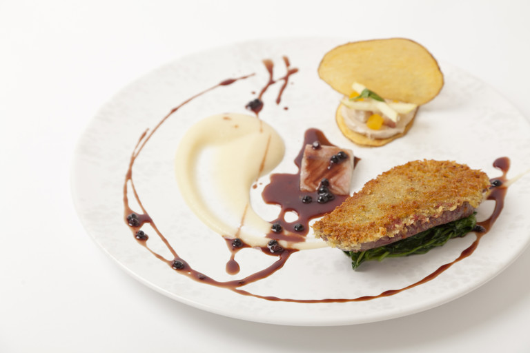 Wild duck, apple, foie gras and smoked eel