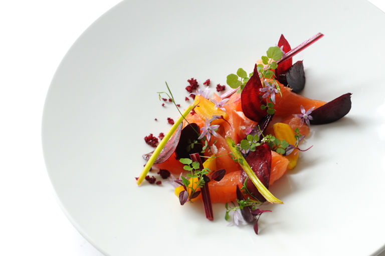 Salmon mi cuit with beetroots
