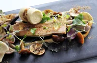 Spiced foie gras with pickled mushrooms and Sauternes jelly