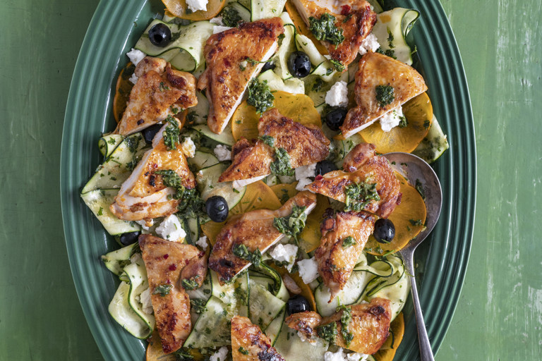 Pressed harissa chicken thighs with courgette, persimmon and chermoula salad