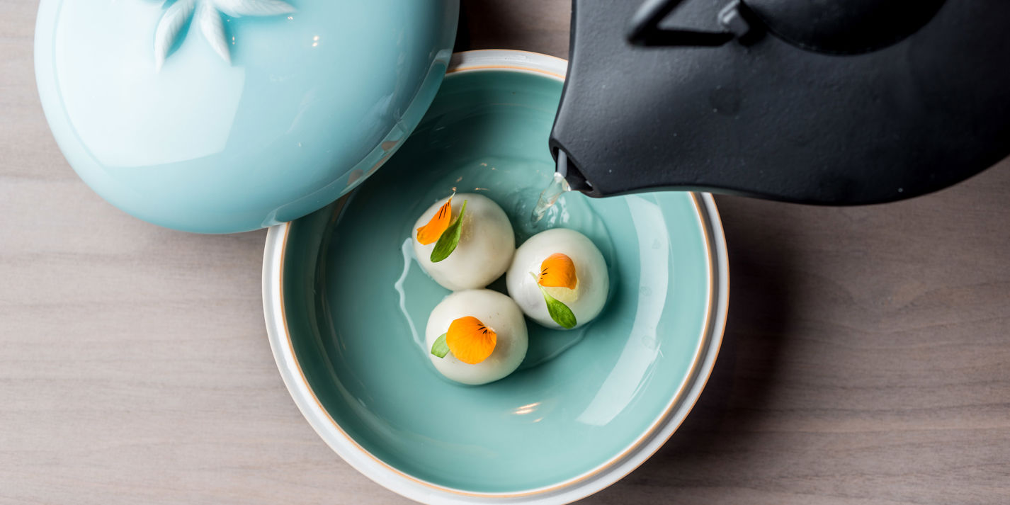 Trio of chocolate dumplings with yuzu and ginger infusion
