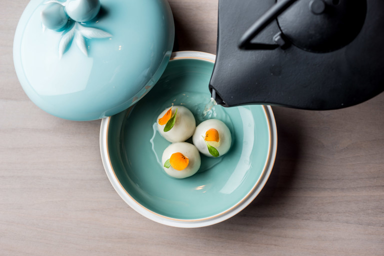 Trio of chocolate dumplings with yuzu and ginger infusion