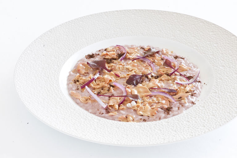 Red onion risotto with foie gras and spiced coffee