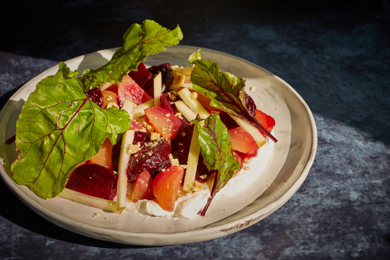 Salt-baked beetroot with whipped ricotta, apple and hazelnut
