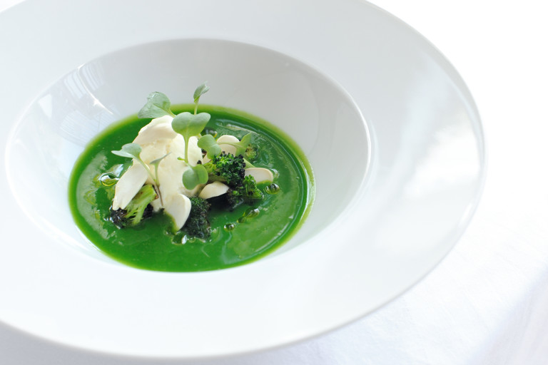 Chilled broccoli soup, salt cod mousse, seared hand-dived scallops and broccoli shoots