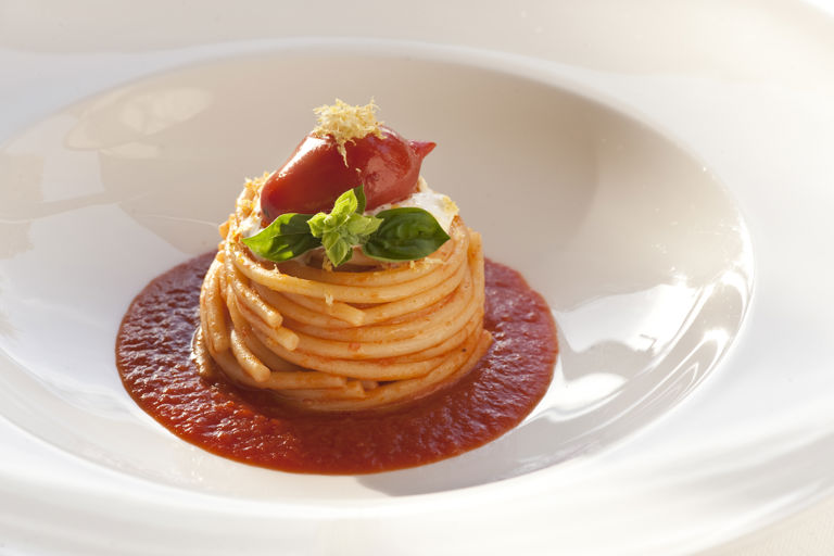 Spaghetti with Piennolo tomatoes and burrata