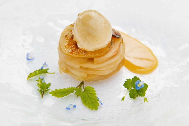 Pear tarte Tatin with liquorice ice cream and lemon brittle