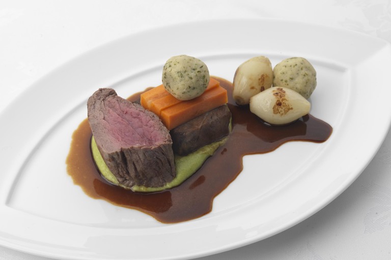 Fillet of Scottish beef with slow-cooked shoulder and marrow dumplings