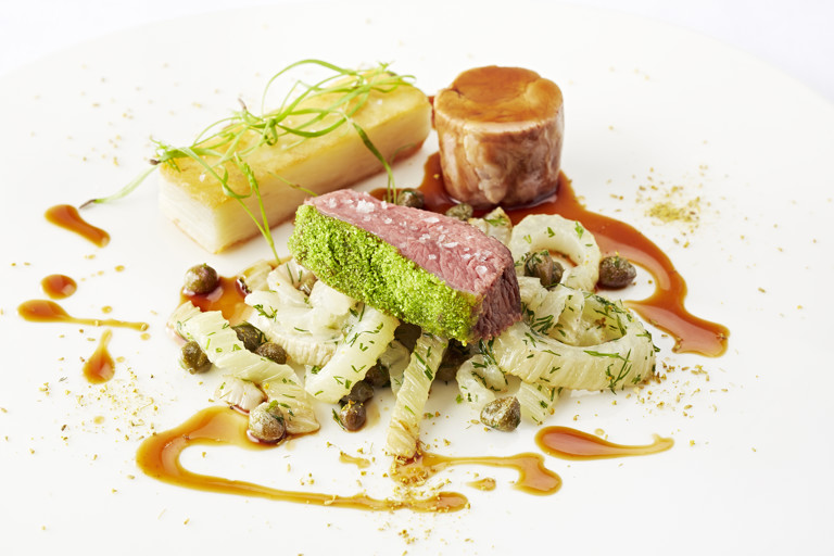 Herb crusted Welsh Lamb chump, liquorice confit lamb neck, caramelised fennel, capers and ‘spice of angels’