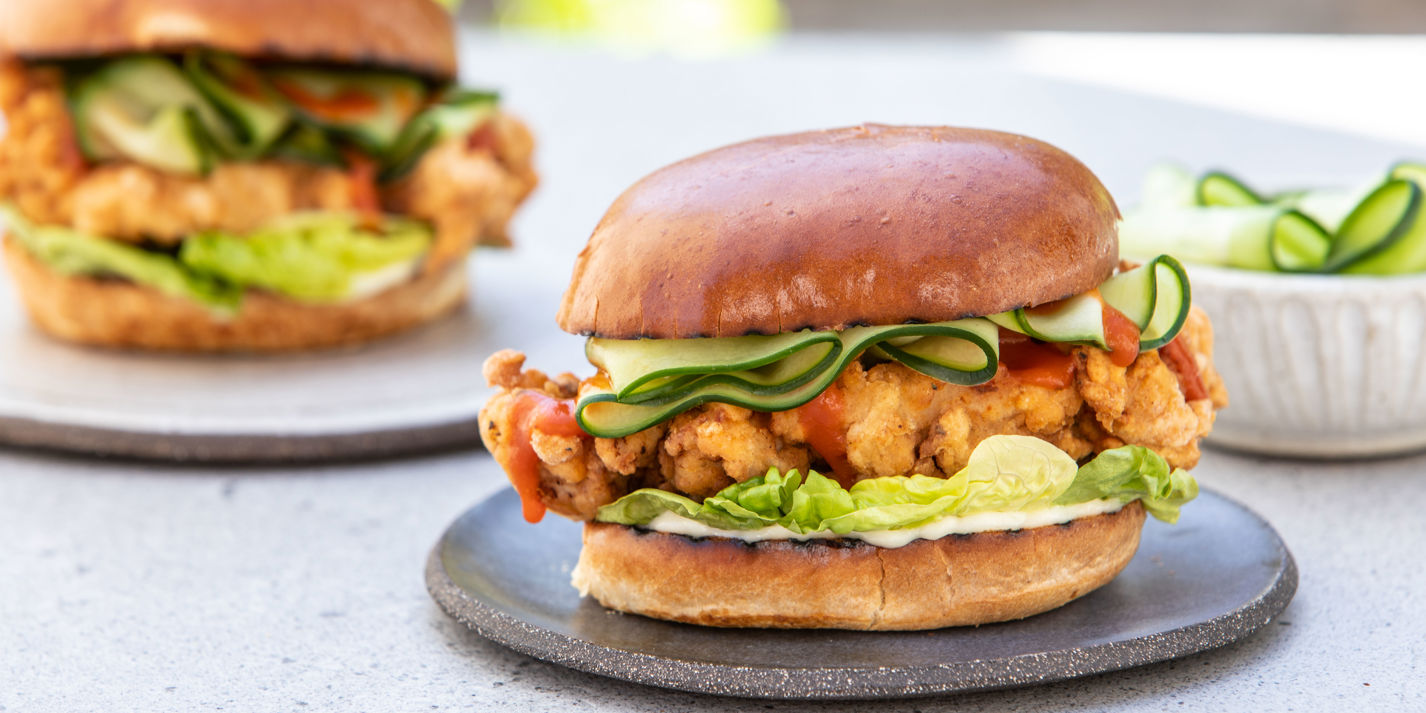 Fried Chicken Brioche with Elderflower Pickled Cucumber - Great British Chefs