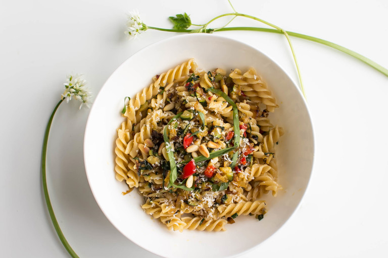 Wild garlic, zucchini and pine nut with whole wheat fusilli  