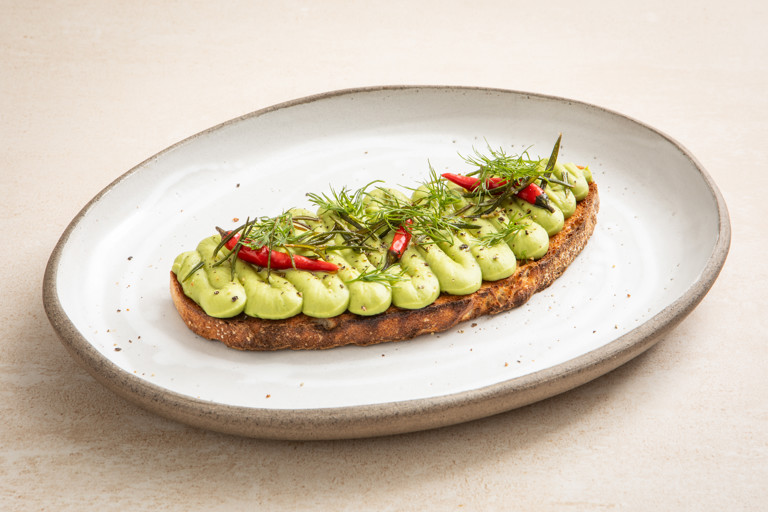 Herby whipped butter bean toasts with crispy rosemary and pickled chillies