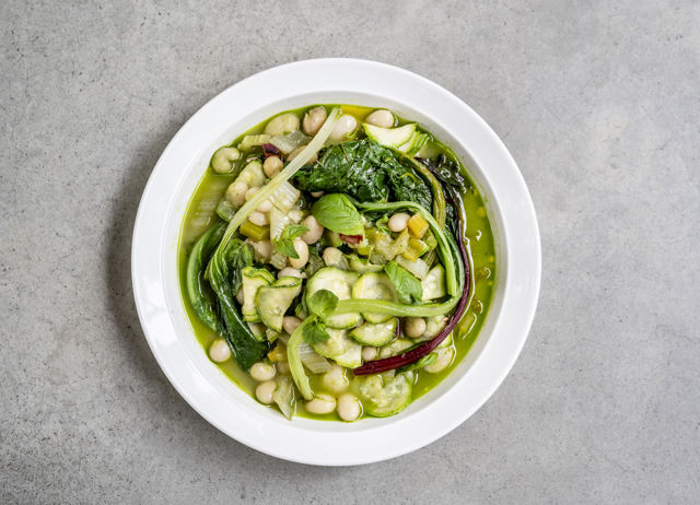 Coco beans with chard, courgettes and basil