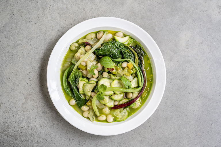 Coco beans with chard, courgettes and basil