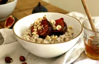 Creamy barley breakfast bowls with hazelnuts and figs