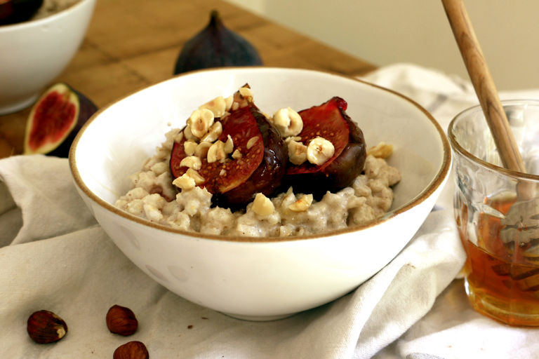 Creamy barley breakfast bowls with hazelnuts and figs