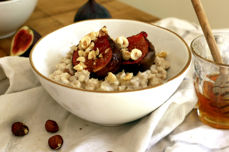 Creamy barley breakfast bowls with hazelnuts and figs