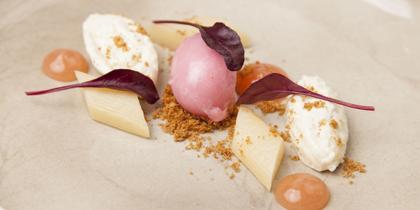 Rice Pudding and Sous Vide Rhubarb with Ginger Crumble Recipe - Great British Chefs