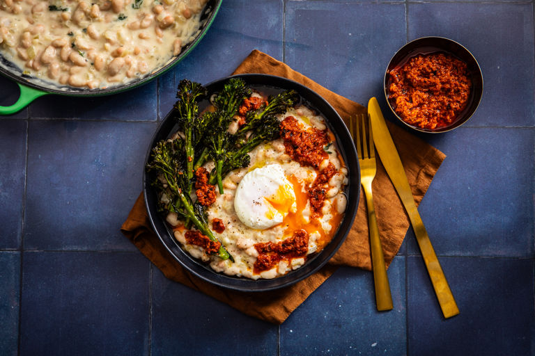 Cannellini beans with charred Tenderstem, chipotle sun-dried tomato sauce and poached eggs