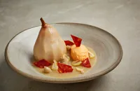 Poached pear with chestnut and chorizo