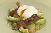 Warm salad of royal kidney potatoes with crisp pancetta, soft poached duck egg and avocado